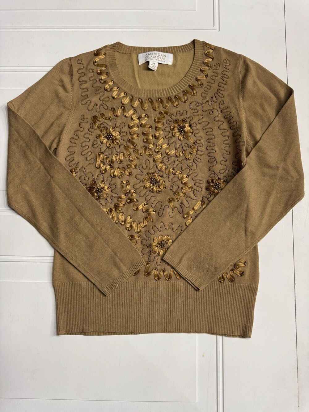 American Glamour Badgley Mischka Brown Gold Sweater Top Beaded Piping Size M